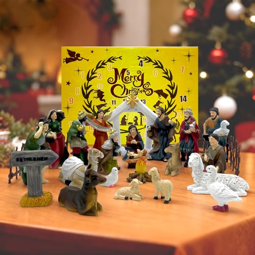 Twirleternity Nativity Advent Calendar 2025 (with Christmas Story Cards) (24PCS Resin Nativity Scene Figurines Set) (Best Christmas Gifts 2025 for Kids) 24 Days Countdown Calendar for Christmas Decor