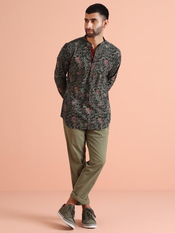 Image of KISAH Men's Short Kurta, Magenta Silk Blend, Woven Design Regular Fit Mandarin Collar Long Sleeves