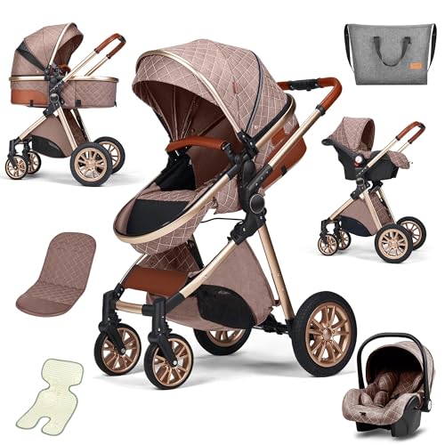 Image of 3 in 1 Baby Travel System Infant Baby Stroller Pushchair High Landscape Reversible Foldable Portable Stroller Newborn Pram Reclining Baby Carriage (Brown)