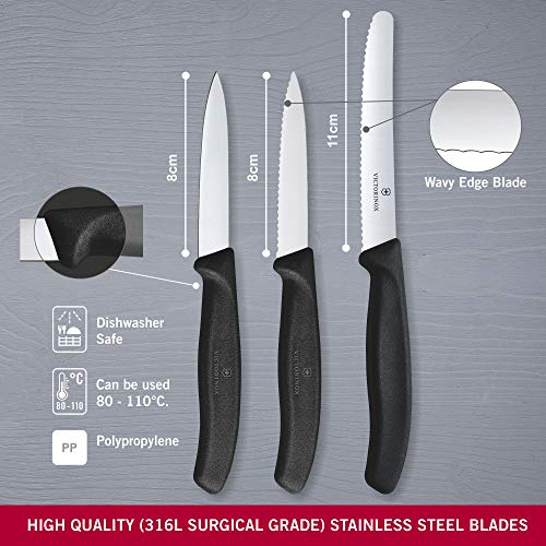Foto von Victorinox Swiss Classic, Küchenmesser Set, 3teilig, Gemüse-, Tomaten- und Frühstücksmesser, Robuster Kunststoffgriff, Rostfreier Stahl, Schwarz