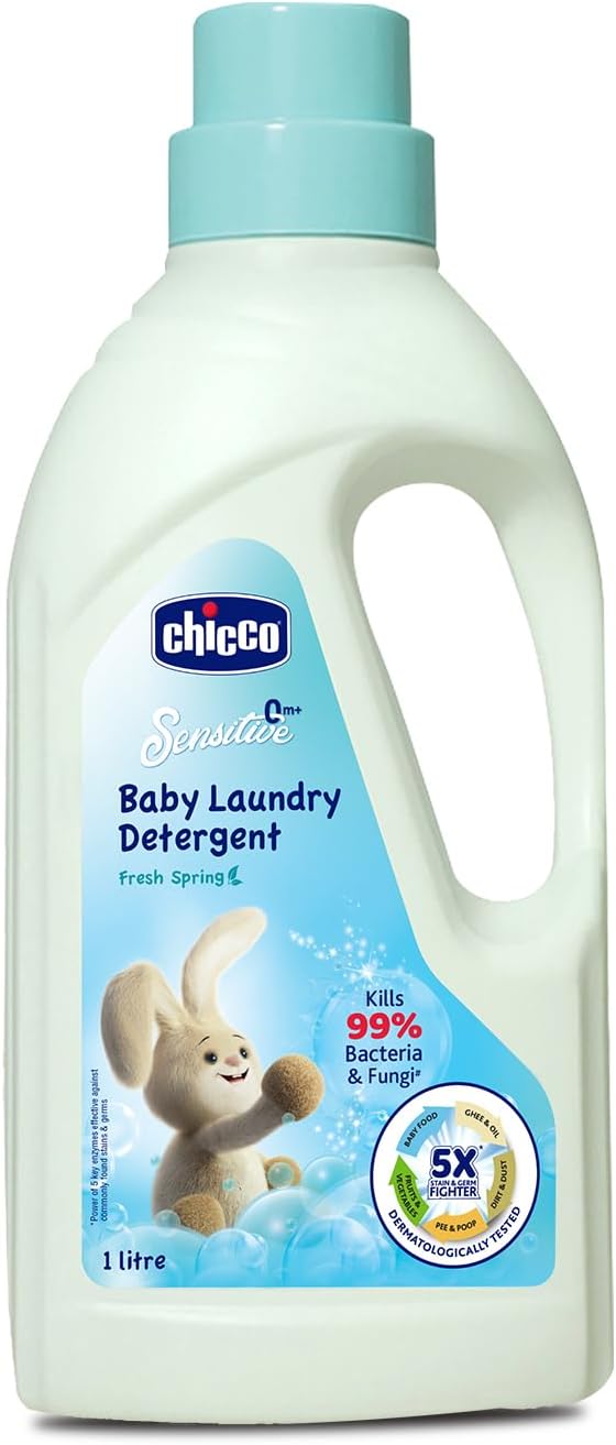 Chicco Baby Liquid Laundry Detergent, 5X Stain & Germ Fighter, Kills 99% Of Germs, Dermatologically Tested For Effective & Gentle Cleaning, Fresh Spring (1 L)