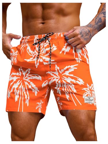 Verdusa Mens Drawstring Waist Swimwear Beach Shorts Swim Trunks with Pockets Orange White Large