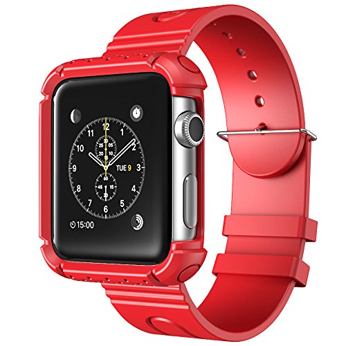 i-Blason Band Designed for Apple Watch / Watch Sport / Watch Edition 2015 Release 2015 38 mm, Apple Watch Case Rugged Protective Case with Strap Bands (Red)