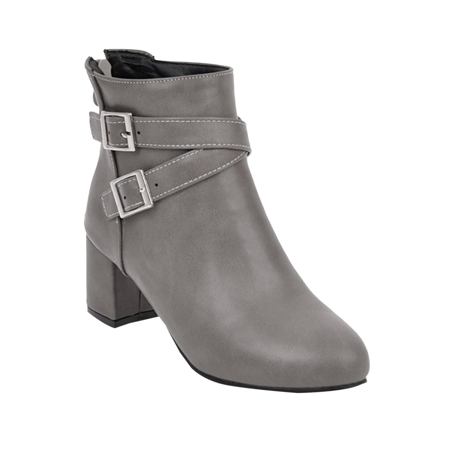 Generisch Stivaletti da donna con tacco, eleganti stivaletti corti con chiusura lampo, tacco medio, stivaletti da donna, stivaletti da donna con punta rotonda, tacco a blocco, in pelle PU, stivali