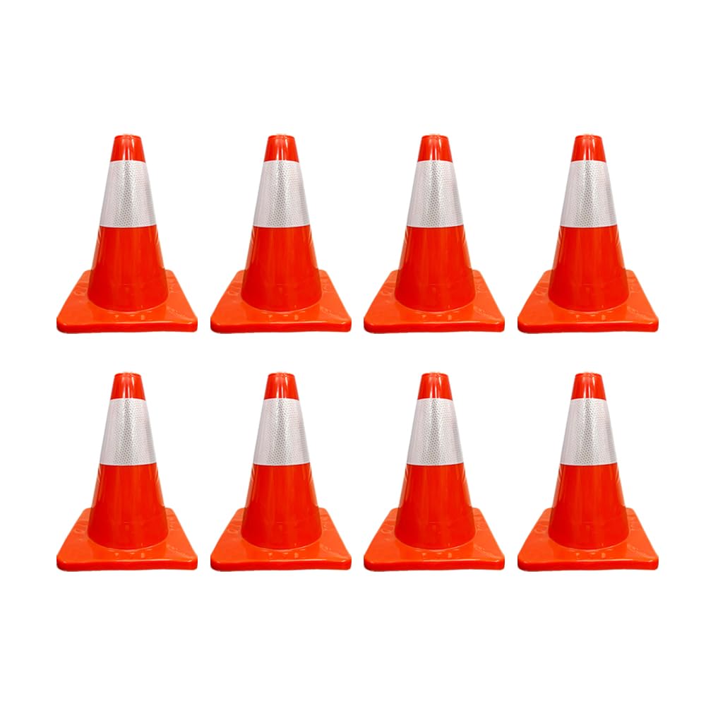 Berry 30CM PVC Safety Cone | Flexible Orange Traffic Cone with Reflective Collar | Durable Training Cone for Parking, Driveways, Sports Training & School Use | Stackable Traffic Pylon - Set of 8