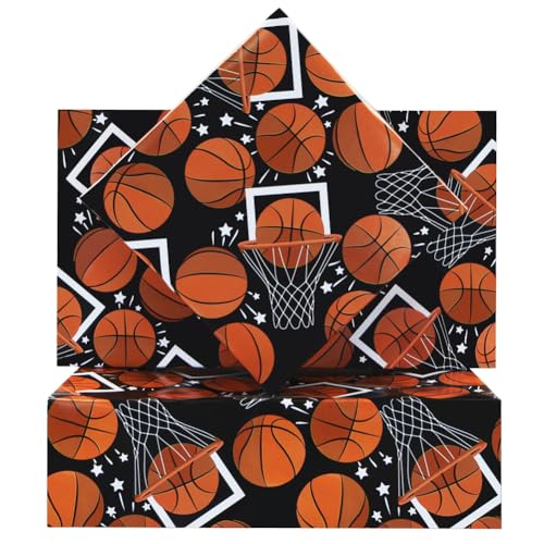 Basketball Wrapping Paper for Boys Girls, Shoot a Basket/Basketball Patterns on Black Gift Wrap Paper - Sports Soccer Ball Theme Design Art Paper for Kids Men Women Birthday Baby Shower Holiday