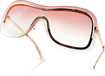 Y2k Wrap Around Sunglasses with Large Shield Shades, Big Metal Temple Retro 90s Style Futuristic Sunnies UV400 LA042