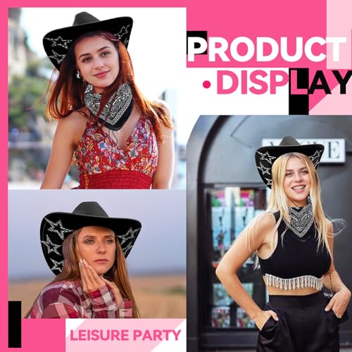 Image of SHENYI Cowgirl Hat and Bandana and Heart Sunglasses Glitter Rhinestone Star Cowboy Hat Western Sparkly Hats for Women Men