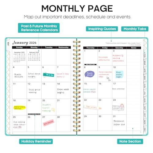2026 Planner, Weekly and Monthly Calendar Planner, January 2026 - December 2026, Hardcover 2026 Calendar Book with Tabs For Women & Men, Inner Pocket, Spiral Bound, Perfect for Office Home School Supplies - A5 (6.3" x 8.5"), Aquamarine