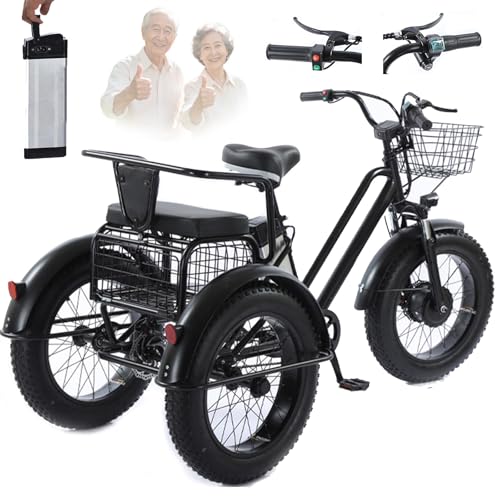Triciclo Eléctrico Para Adultos,Con Neumáticos Anchos Todoterreno De 20' X 4.0,Cesta De La Compra Y Asiento Trasero,Batería Extraíble De 48v/12ah,Carga 200 Kg,Ideal Para Ir De Compras, Pícnics
