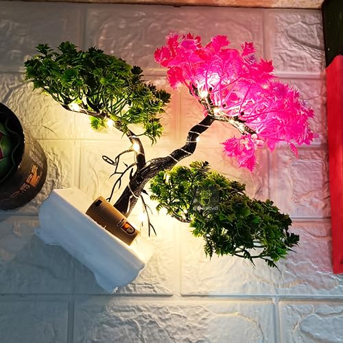Image of Artificial LED Bonsai Tree with Lush Colorful Foliage in Elegant Plastic Pot | Artificial Plants with Pot | Fake Bonsai | Home Decor Items (Pink-Green, 24cm)