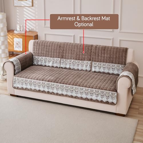 Image of HOKIPO 'BelleLace Series' Sofa Mat for 3 Seater and 2 Seater Sofa | Imperial Milk Velvet Sofa Cover with Lace Design | Mocha Brown (AR-5966+5964-BRN)