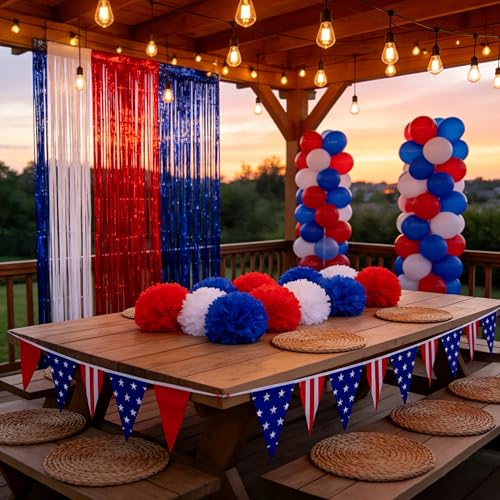 100pcs 4th of July Patriotic Christmas Independence Labor Day Party Decoration Sets with Red White Blue Balloons,Paper Fans,USA Flag Pennant,Star Streamer,Pom Poms,Tinsel Backdrop for Party Decor — view 3