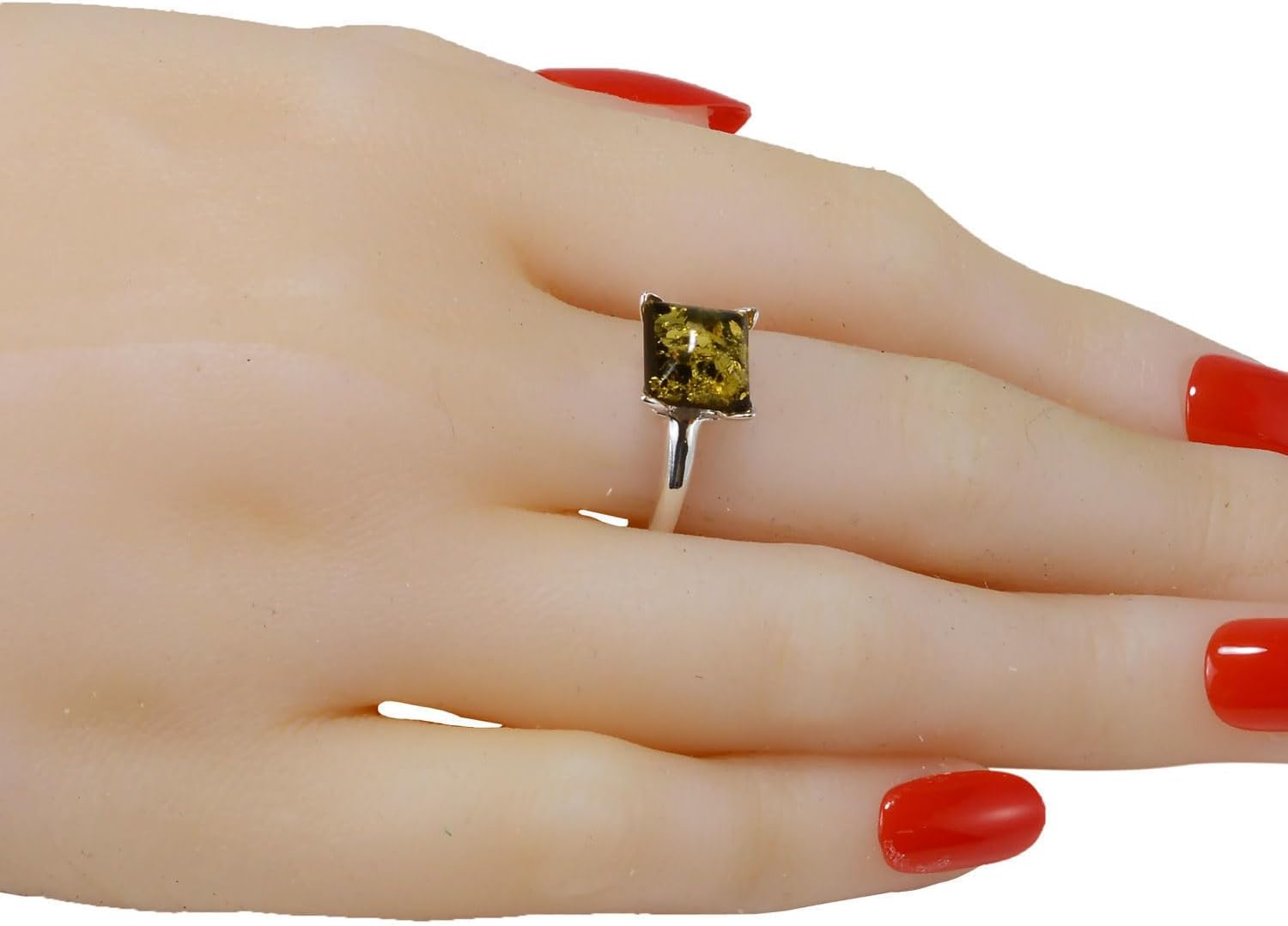 HolidayGiftShops GIA Certified Sterling Silver and Baltic Olive Green Amber Square Ring Nelda - Image 2