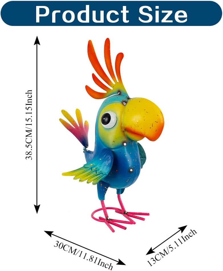 Metal Parrot Statue Outdoor Garden Decor,15" Bird Decor Yard Statue Decorations Outdoor,Funny Parrot Sculpture for Patio, Lawn, Backyard