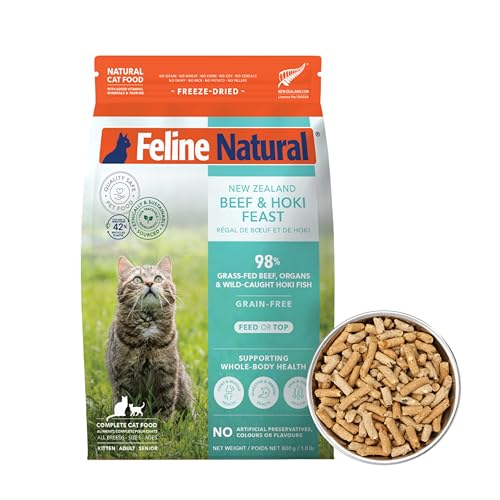 Feline Natural High Protein Dry Cat Food, Freeze-Dried Diet with 98% Meat, Organs & Seafood, No Peas, Grains, or Artificial Additives, Made in New Zealand, Beef & Hoki, 1.8lb