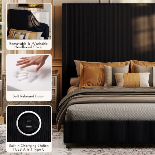 Ihanherry King Size 65" Tall Headboard Bed Frame with Charging Station, Upholstered Wingback Headboard with Washable Corduroy Cover, Noise Free, Solid Wood Slats & Legs, No Box Spring Needed, Black - image 5