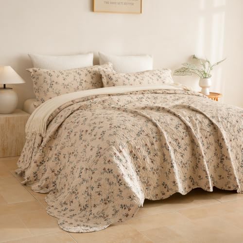 Lady Ann Cotton Oversized King Quilt (120"x120"), Cottagecore Wild Floral Quilted Bedding Set for Extra Large Beds, Lightweight Scalloped Edge Coverlet 3 Pcs Farmhouse Bedspread Set for All Season
