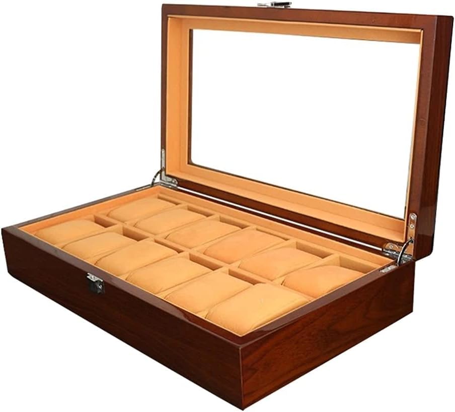Uhrenbox aus Holz, Uhrenetui, Organizer, Display für Männer und Frauen, 12 Fächer, Holzbox mit großer transparenter Glasplatte