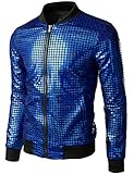 JOGAL Herren Metallic Pailletten Baseball Bomberjacke 70er Disco Party Kostüm Medium Königsblau