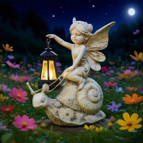 ZYLiWoo Solar Snail Statue Light, Outdoor Resin Solar Garden Sculpture, Fun Elf Riding Snail Fairy Tale Statue, Lawn, Patio Outdoor Unique Home Dcoration, Lady Gift!