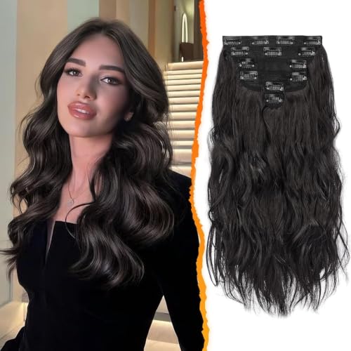 BARSDAR Black Brown Wavy Clip in Hair Extensions Synthetic Clip Hairpieces