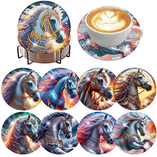 Zythron 8 PCS Diamond Art Coasters,Horse Diamond Painting Coasters Kits Sky Horse DIY with Holder DIY for Beginners, Adults, Diamond Art Kits for Adults Diamonds Art Crafts Supplies 4x4 in
