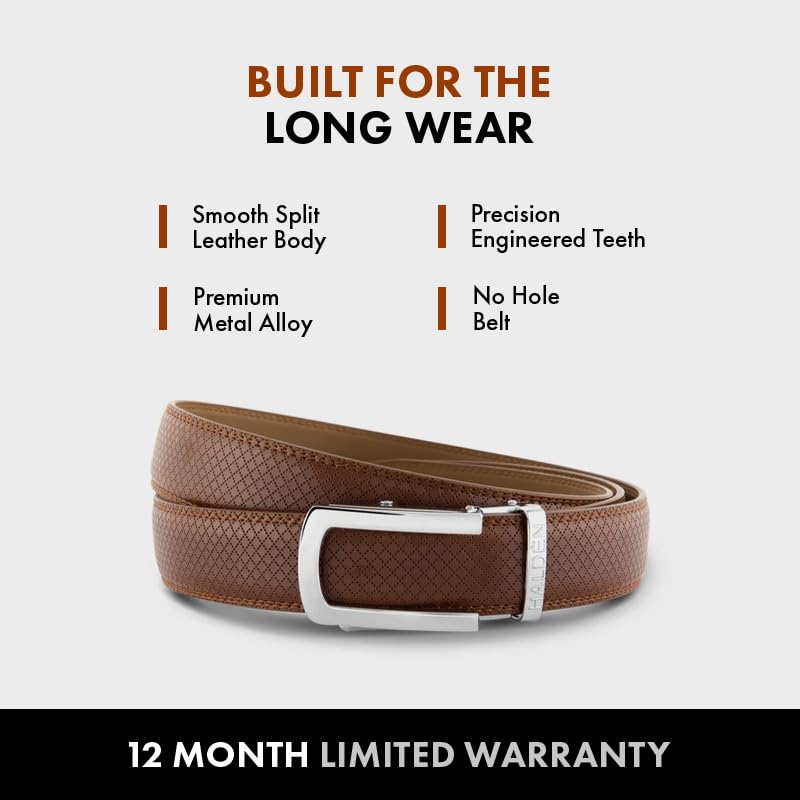 Image of HALDEN THEO Tan Belt For Men Leather Original (Adjustable Fits Up to 44 Inch Waist) Ratchet Strap with Classic Buckle & Magnetic Auto-lock