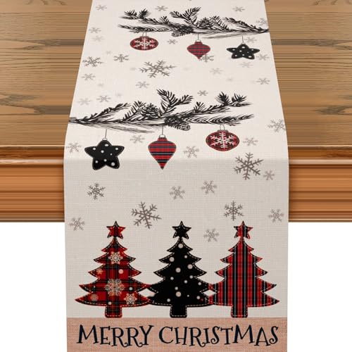 GRESATEK Christmas Table Runner Red Pine Trees, Xmas Table Decorations