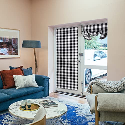 Seeye French Door Curtains Buffalo Plaid Door Curtain Panel Thermal Insulated Tie Up Shades With Sticky Strap Light Filtering Temporary Window Treatment For Tricia Window, 25” X 72”, -1 Pcs, Black #TOP6