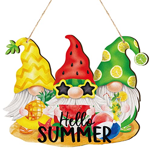 Hello Summer Wood Sign Rustic Colorful Fruits Gnome Hanging Plaque Decorative Signs And Plaques Funny Welcome Front Door Decor Wooden Porch Wall Art Decoration For Home Indoor Outdoor Farmhouse Truck #TOP18