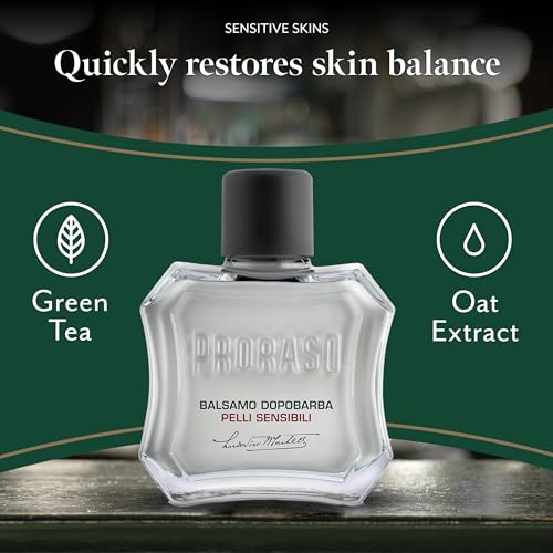 Proraso Aftershave Balm For Sensitive Skin, 100ml, Alcohol-Free Post Shave Balm with Oat and Green Tea Soothes and Protects Skin, Made in Italy, White