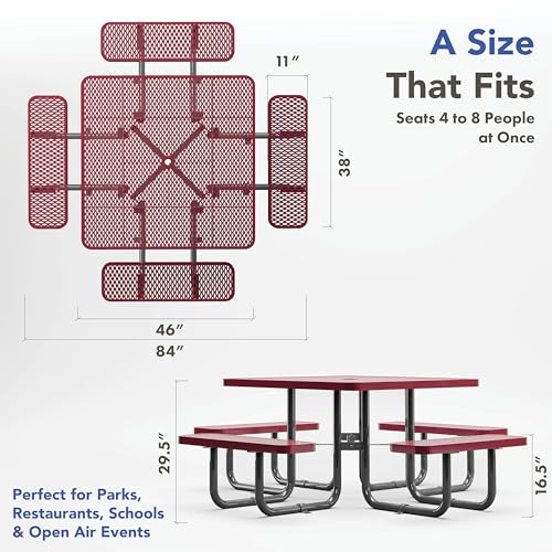 Metal-Picnic-Tables-for-Outdoors-with-Umbrella-Hole-Coated-Steel-Heavy-Duty-Commercial-Grade-Table-with-Adjustable-Seats-2-Extra-Legs-Patio-Furniture-Set-for-a-Lifetime-46-Square-Red Metal Picnic Tables for Outdoors with Umbrella Hole Coated Steel Heavy Duty Commercial Grade Table with Adjustable Seats 2 Extra Legs Patio Furniture Set for a Lifetime 46 Square Red