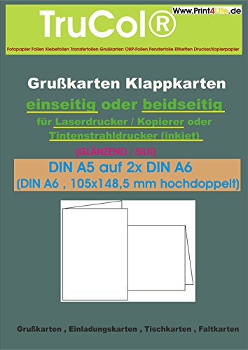50 Klappkarten weiß BEIDSEITIG glänzend 200g /m² ; Grußkarten ; Einladungskarten ; Tischkarten ; Faltkarten, usw. DIN A6 , 105x148,5 mm hochdoppelt; Bis 9600 DPI ; wasserfest & lichtecht; Ein beidseitig hochglänzendes Fotopapier, welches sich durch die hohe Konturenschärfe und die einzigartige Farbbrillanz auszeichnet und für höchste Auflösungen nur für Tintenstrahldrucker bestens geeignet ist ! Cover