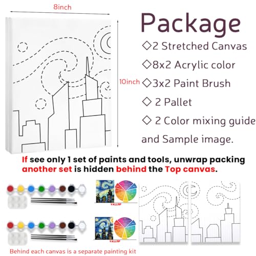 VALLSIP 2 Pack Paint and Sip Canvas Painting Kit Pre Drawn Canvas for Painting for adults Stretched Canvas Couples Games Date Night Romantic City Anniversary Gifts Couple Paint Party Supplies 8X10 - Thumbnail 5