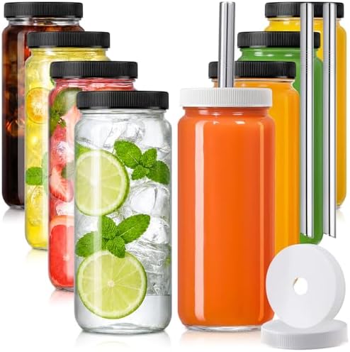 8 Pack 16OZ Glass Juice Bottles with 8 Airtight Lids & 2 Straw Li...