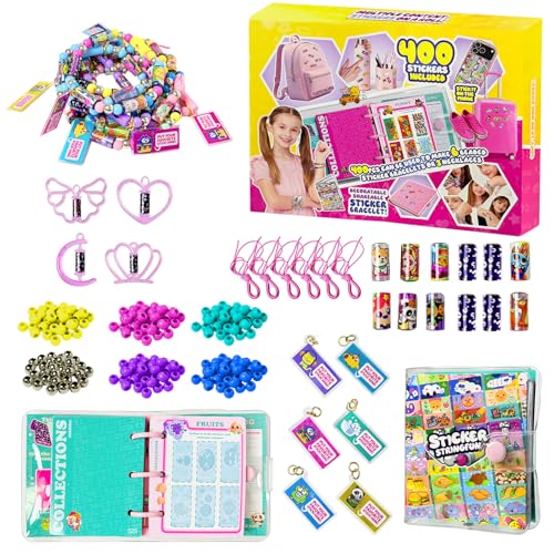 Semboh Sticky Rolls Bracelet Kit with Collection Book 400 Mini Sticker Set Wearable & Shareable Sticky Rolls Kids Beading Set for Bracelet & Necklace Making 1000+ Designs (4 x Pendant & 6X Drop)
