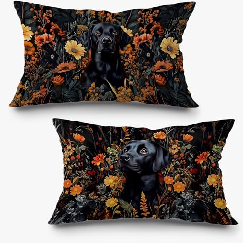 Exqcom Moody Floral Black Labrador Retriever Pillow Covers 12x20 Set
