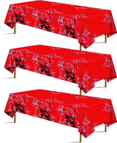 3Pcs Cherry Blossom Tablecloth Hibachi Party Decorations Chinese Japanese Cherry Flowers Plastic Table Cover Floral Disposable Table Cloth for Hibachi New Year Spring Festival Wedding 108x54 Inch