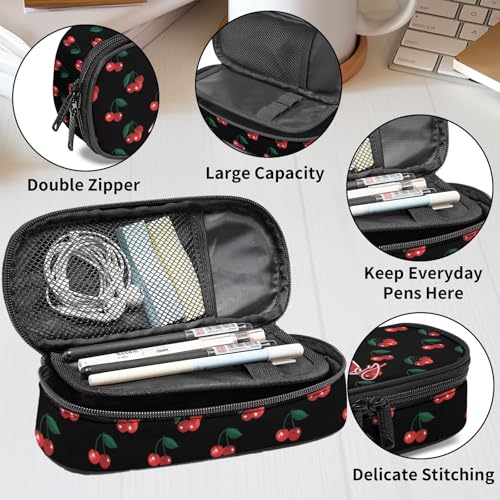 Image of Custom Cherry Pencil Case for Boy Girl Teens, Personalized Name Pencil Pouch, Big Capacity Black Pen Bag with Zipper, Organizer For Home Desk Office School