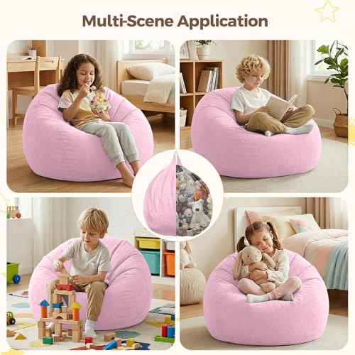 Image of Stuffed Animal Storage Bean Bag Chair Cover for Kids (No Filler), Soft Comfy Velvet Beanbag Chair Cover Machine Washable, Kids Bean Bag Chair with Handle for Living Room Bedroom Dorm, Pink