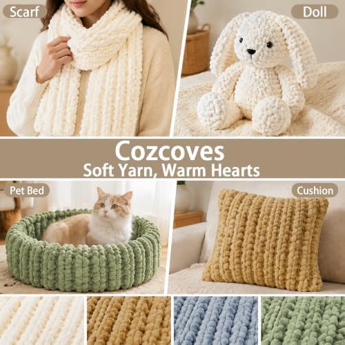 Chunky Yarn for Hand Knitting - #10 Chunky Chenille Yarn, Super Bulky Thick Blanket Yarns for Crocheting, 4 Skein(27yds 8.47oz Each Cream) - 5