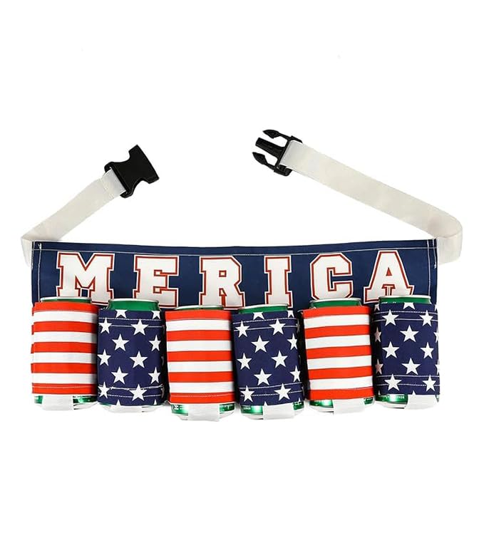 QCWN Insulated Beer Belt 6 Pack Beer Holder USA Patriotic Beer Jacket Waist Pack Fun Beer Accessories And Gifts For Men 4th Of July White Trash Party Attire