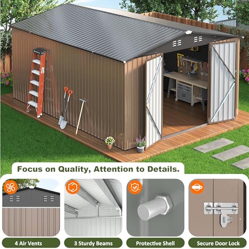 Image of AirWire 10x14 FT Outdoor Storage Shed, Large Garden Shed with Updated Frame Structure and Lockable Doors, Metal Tool Sheds for Backyard Garden Patio Lawn, Brown