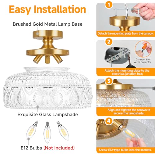 SunRider Semi Flush Mount Ceiling Light, Modern 3-Light Globe Glass Ceiling Light Fixture, Gold Indoor Pendant Lamp for Hallway Porch Kitchen Bedroom by SunRider - Used condition - Image 3