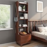IOTXY Walnut Bedside Table Bookshelf - 71' Tall Free Standing Wooden Open Shelf Bookcase with Drawers and 4-Shelves for Bedroom, Bed Side End Table, Nightstand
