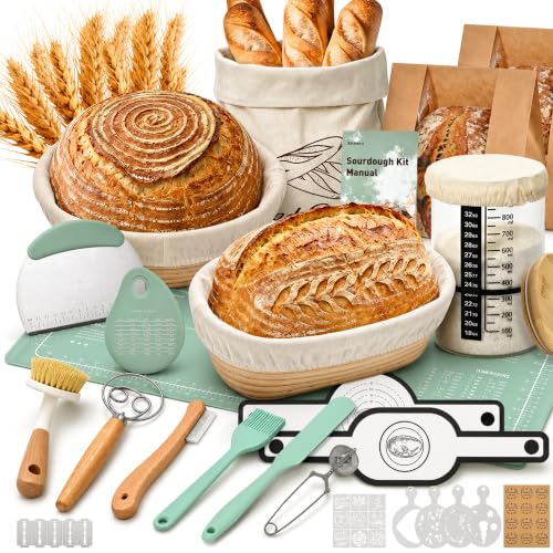 KitHero Sourdough Starter Kit – Complete Bread Baking Supplies with Round & Oval Banneton Bread Proofing Basket, Starter Jar, Bread Slings, Silicone Mat, Scrapers – Baking Tools Gift for Home Bakers
