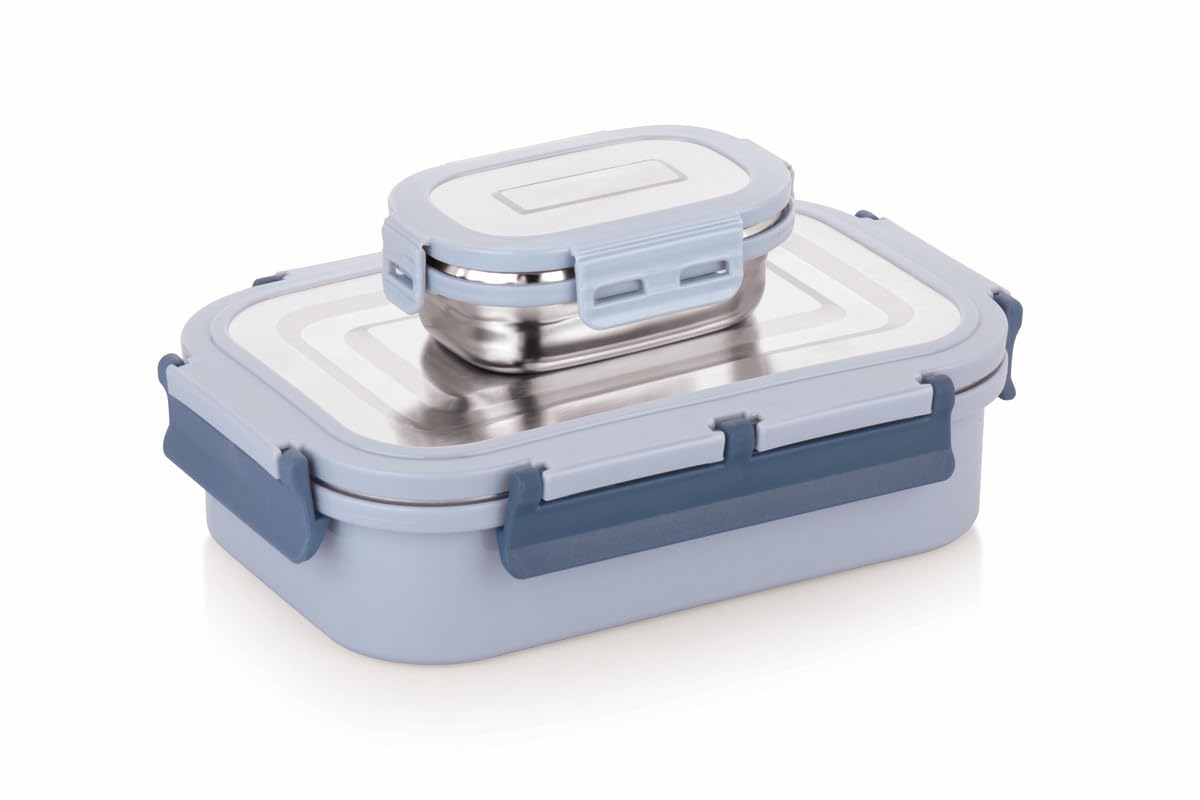 WARMEO Delight Insulated Stainless Steel Airtight Leak-Proof Lunch Box with Clip Lock Lid,Light Weight, Easy to Clean, Perfect for Office, School, Picnic & Travelling, Combo(800ml+150ml), Blue & Grey