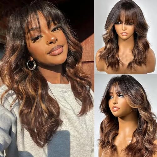 Ombre Brown and Honey Blonde Layered Cut Wavy Human Hair Wig With Bangs HD 13X4 Glueleee Lace Front Brazilian Human Hair Wig Bleached Knots 1B 30 Mixed 27 Colored Loose Wave Bangs Wig 150 Density 14"