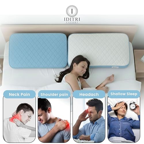 Image of High Density Memory Foam Pillow Set of 2, 50x30x6 cm Shredded Support for Neck Pain Relief, White and Sky Blue Breathable Case, Orthopedic Bedding for Side Sleeper